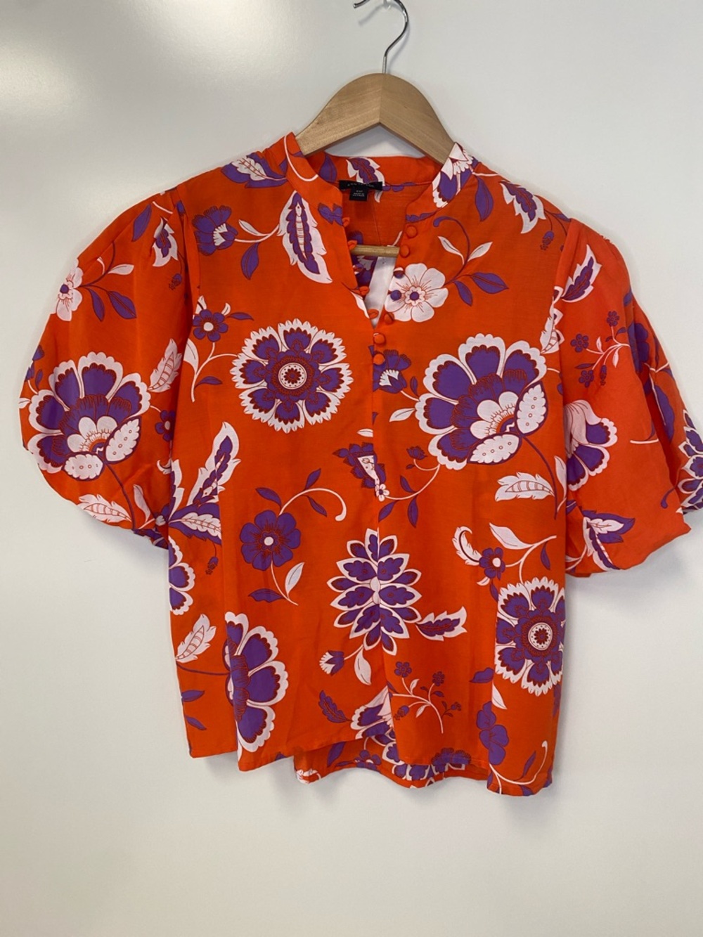 Ann Taylor Orange Blouse with Purple & White Floral Print